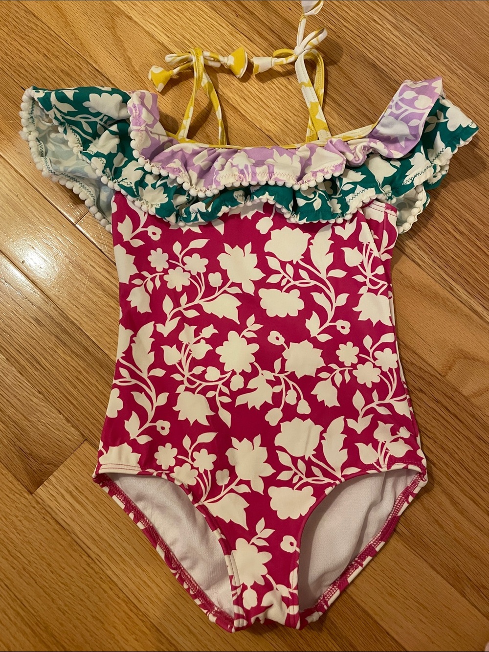 Mini Boden Girls Pink and White Floral One-Piece Swimsuit with Multicolor Ruffle